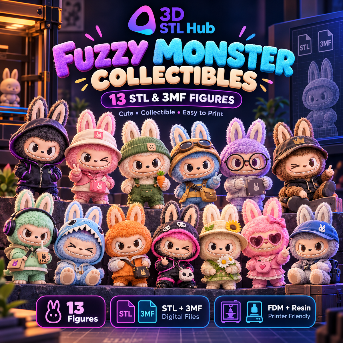 Fuzzy Monster Collectibles — 13 STL & 3MF Figures